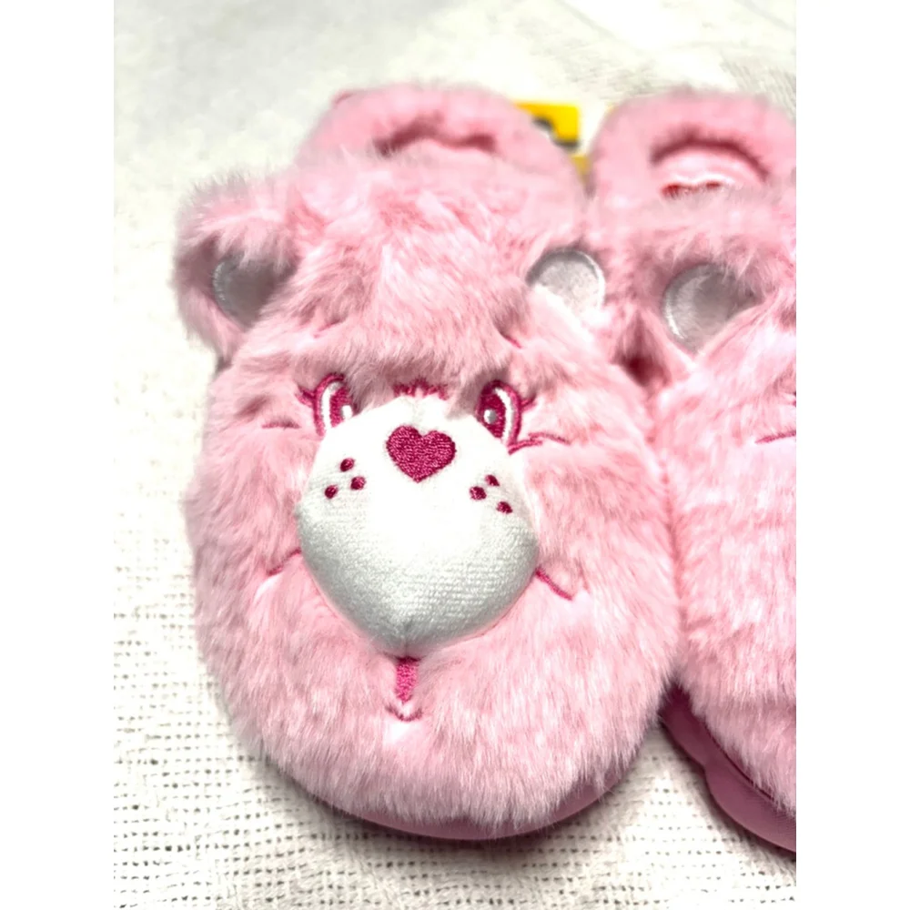 NWT Care Bears Cheer Bear Fuzzy Pink Slippers Kids Size 2/3